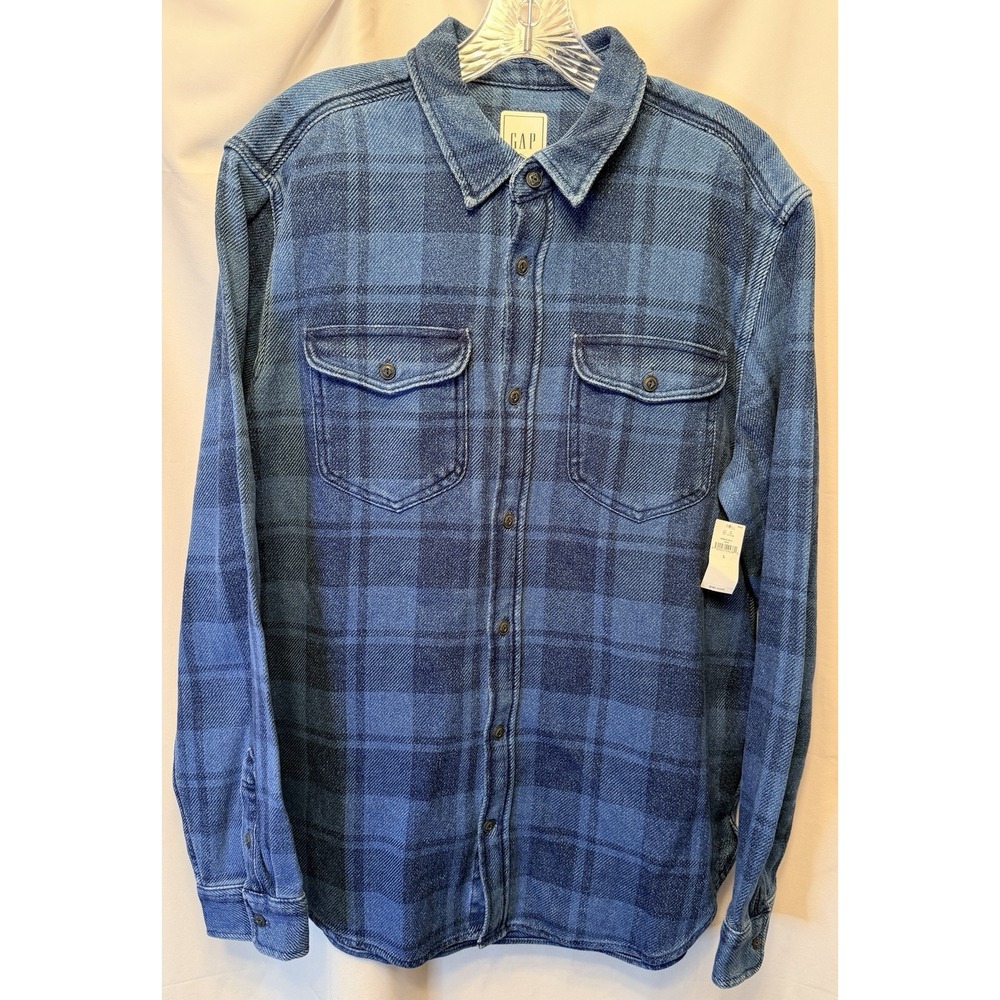 NWT GAP Men's Large Denim Worker Shirt Blue Plaid Button Up Chest Pockets Cotton